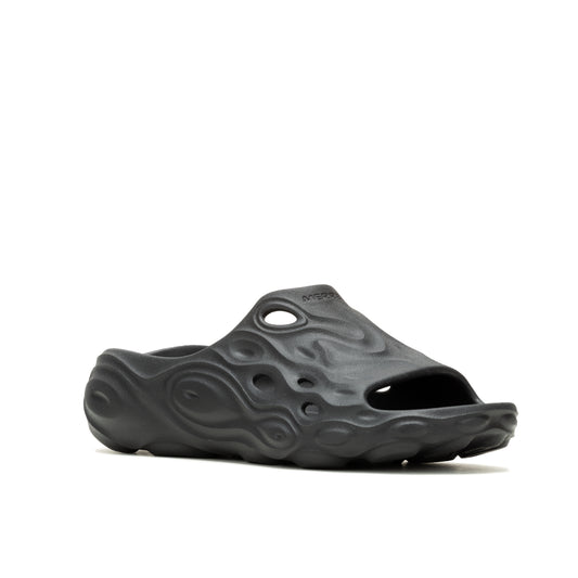 Dark gray slide sandal with irregular bumpy pattern and various sized holes.