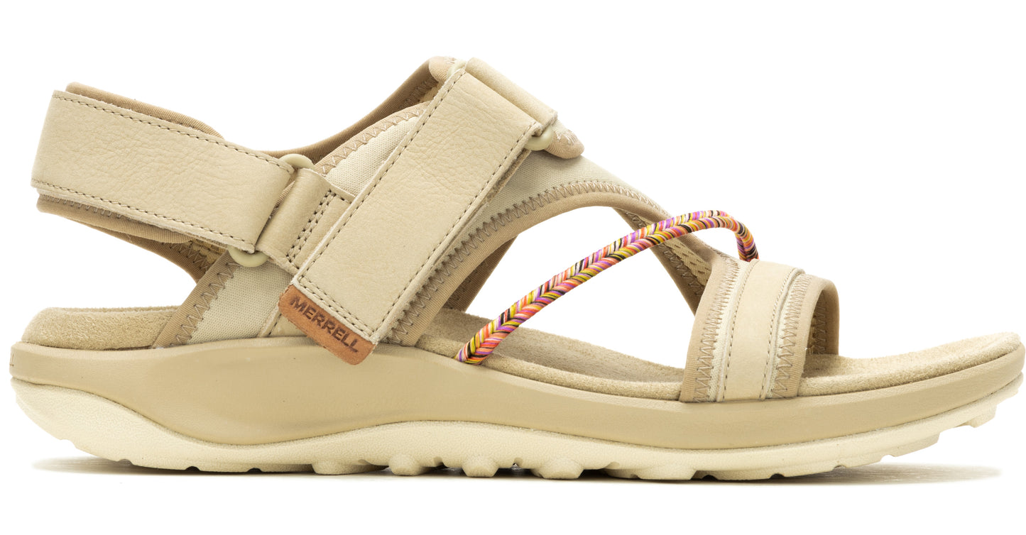 Tan sandal with hook and loop straps and a braided strap.