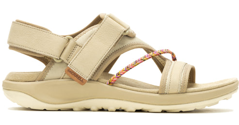 Tan sandal with hook and loop straps and a braided strap.