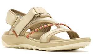 Tan-colored sandal with an ankle strap and colorful decorative band.