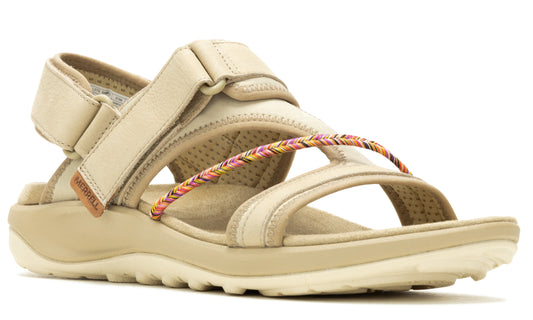 Tan-colored sandal with an ankle strap and colorful decorative band.