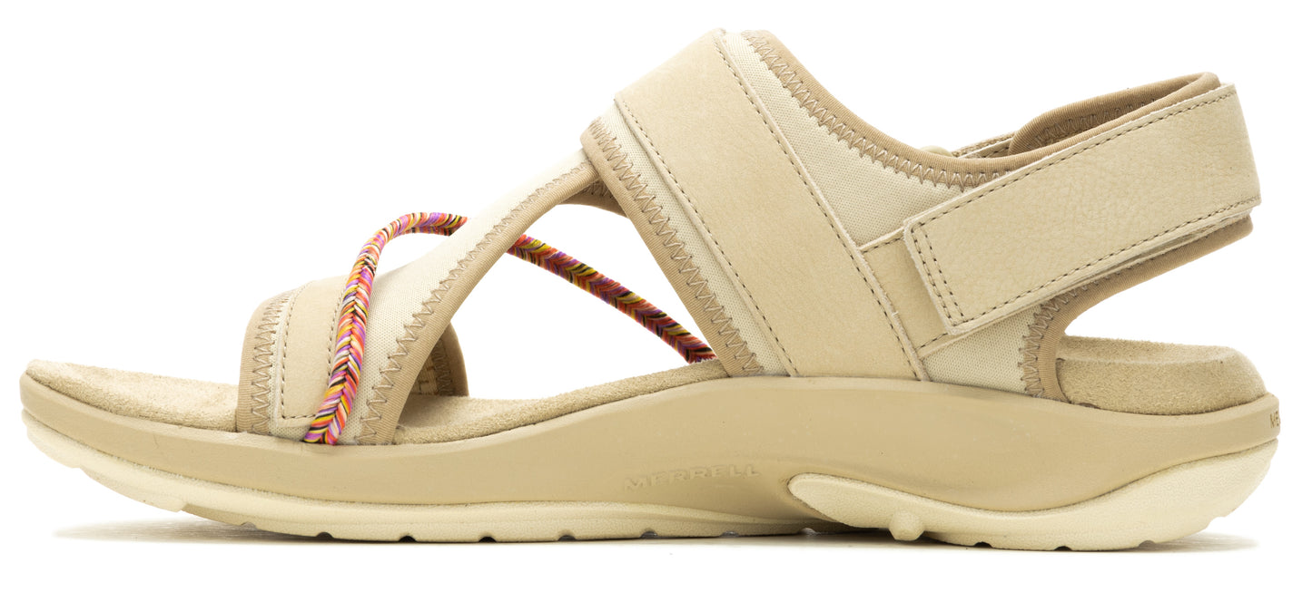 A women's tan sandal with multiple straps and a velcro ankle closure.