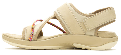 A women's tan sandal with multiple straps and a velcro ankle closure.