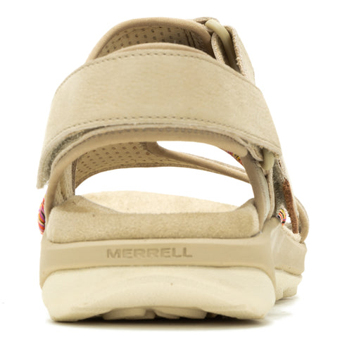 Rear view of beige sandal with velcro straps and 'MERRELL' imprinted on the heel.