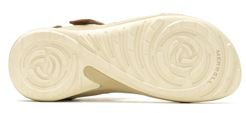 A shoe's sole featuring a spiral pattern and 'MERRELL' written on it.