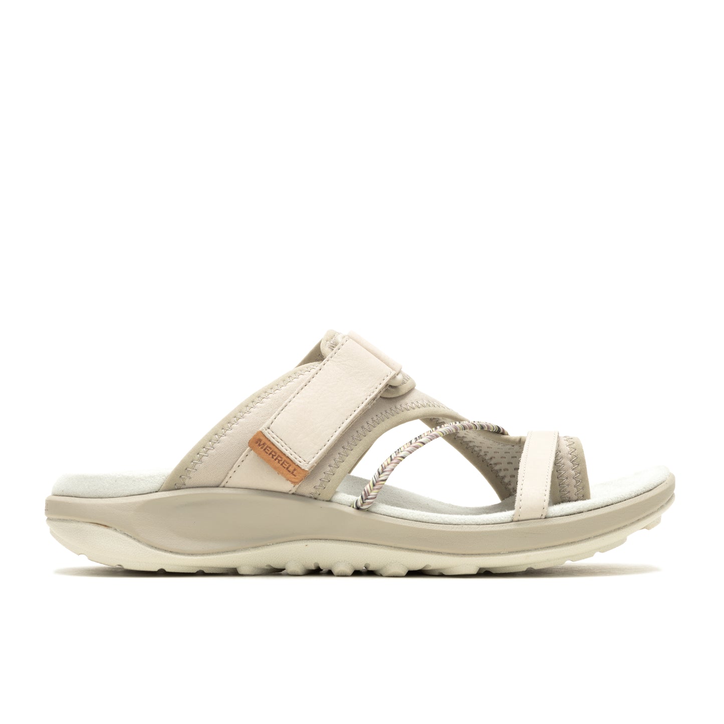Side view of a beige casual sandal with a toe loop and an adjustable strap.