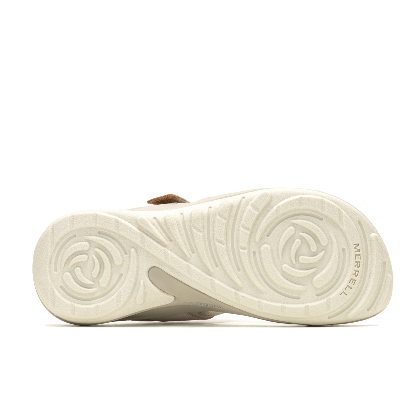 Beige sandal, showing intricate sole pattern and logo along edge.