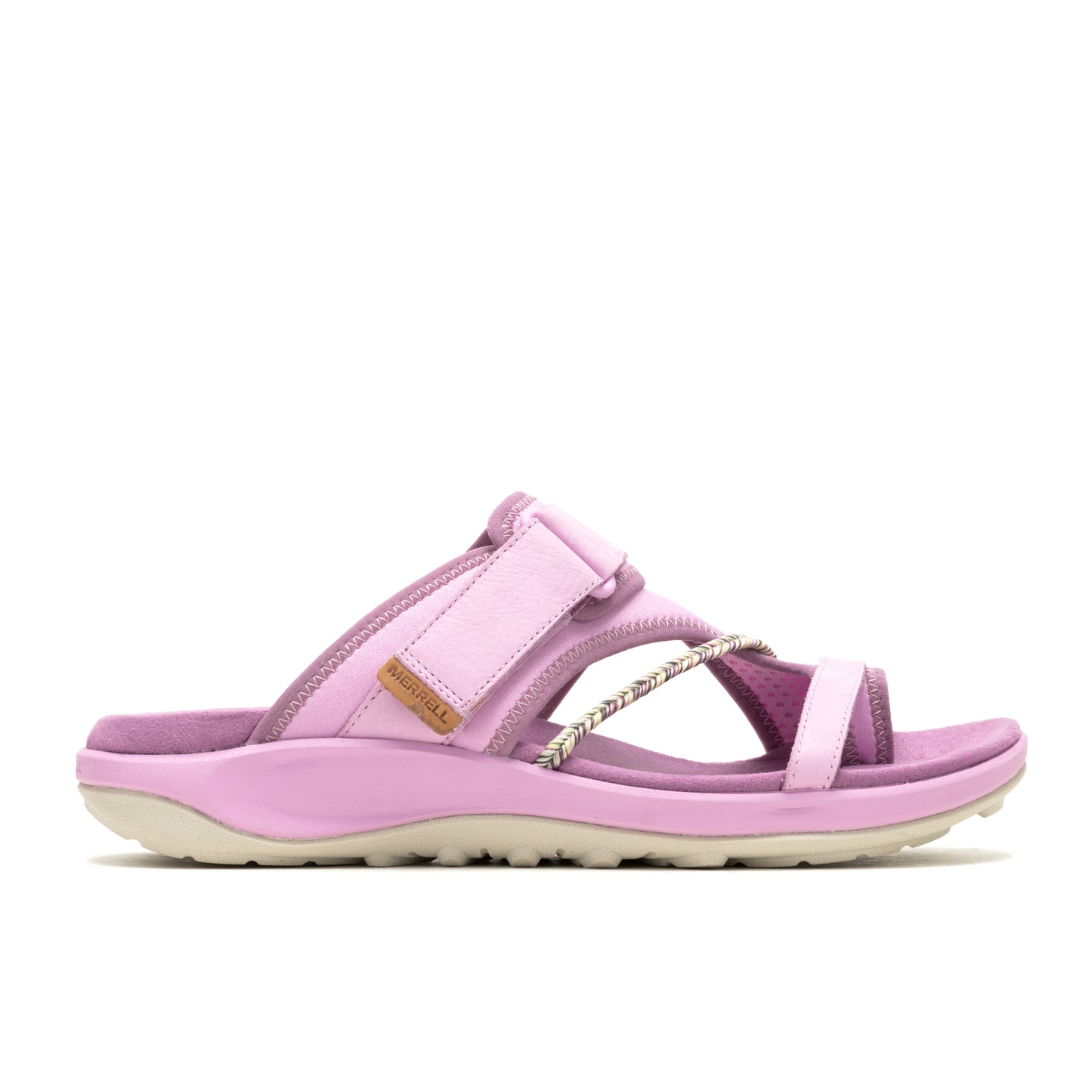 Lilac slide sandal with velcro closure and neutral-toned sole.