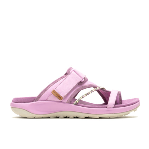 Lilac slide sandal with velcro closure and neutral-toned sole.