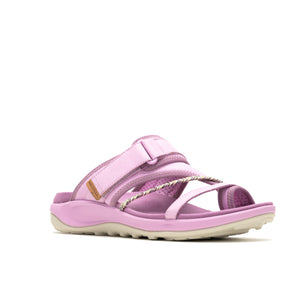 Lavender sandal with velcro straps and intertwined metallic thread.