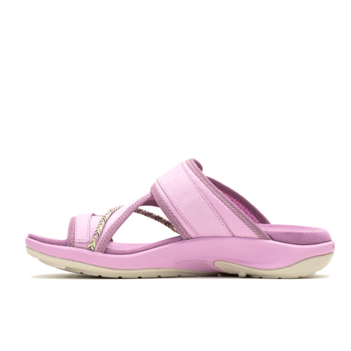 Pink slide sandal with tan rope accent.