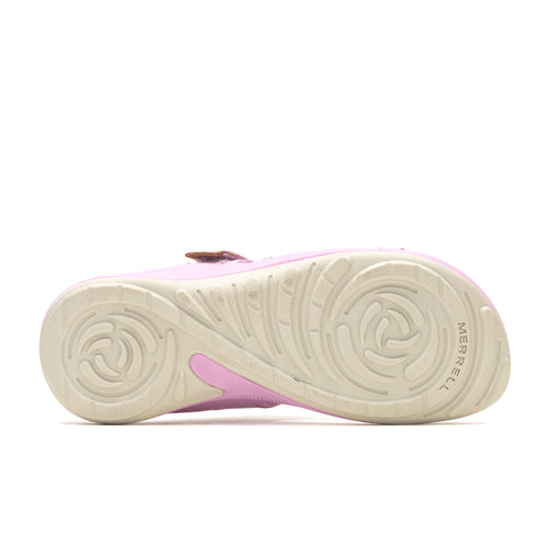 Lavender clog-style sandal with beige sole and brown accent.