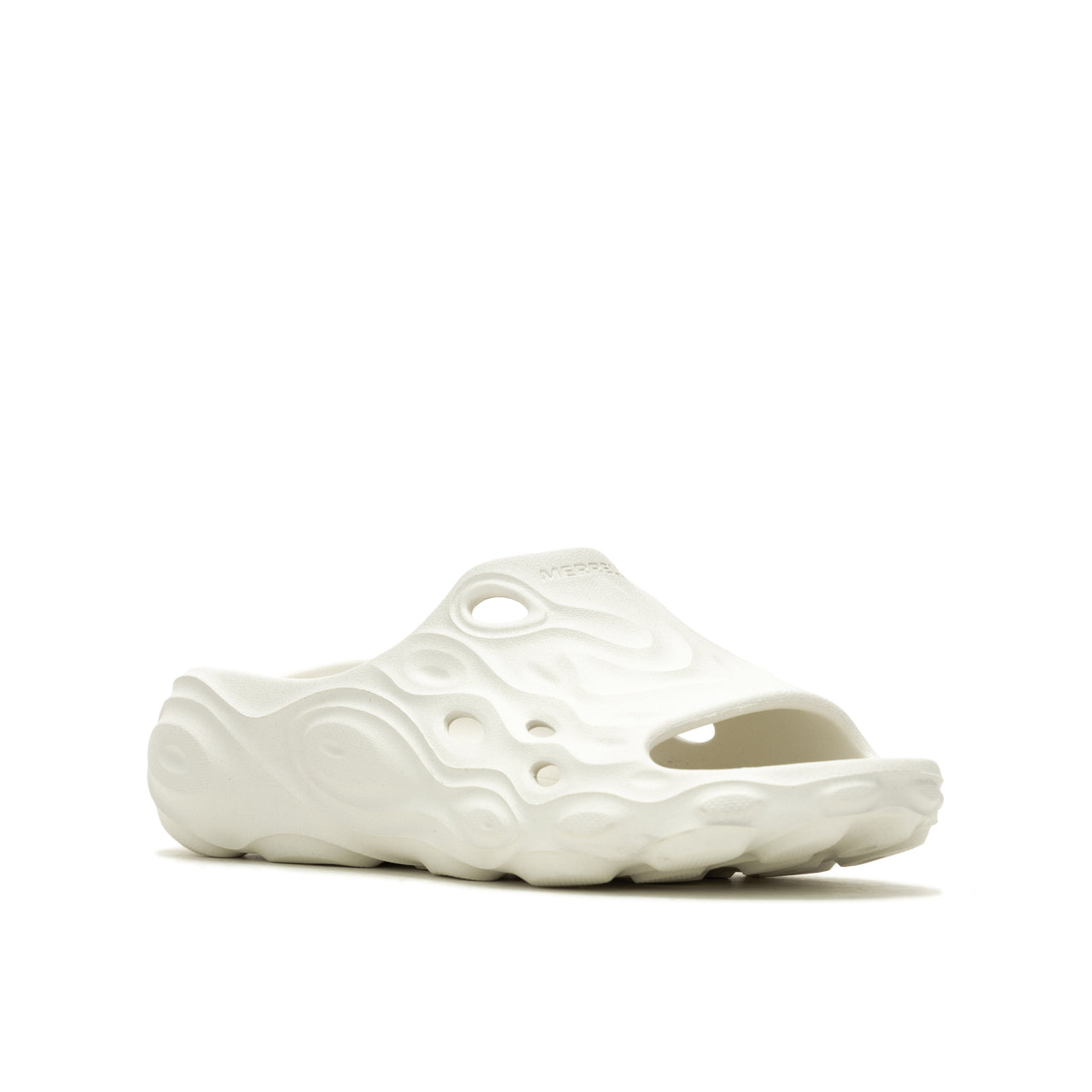 Slip-on sandal with textured swirls.