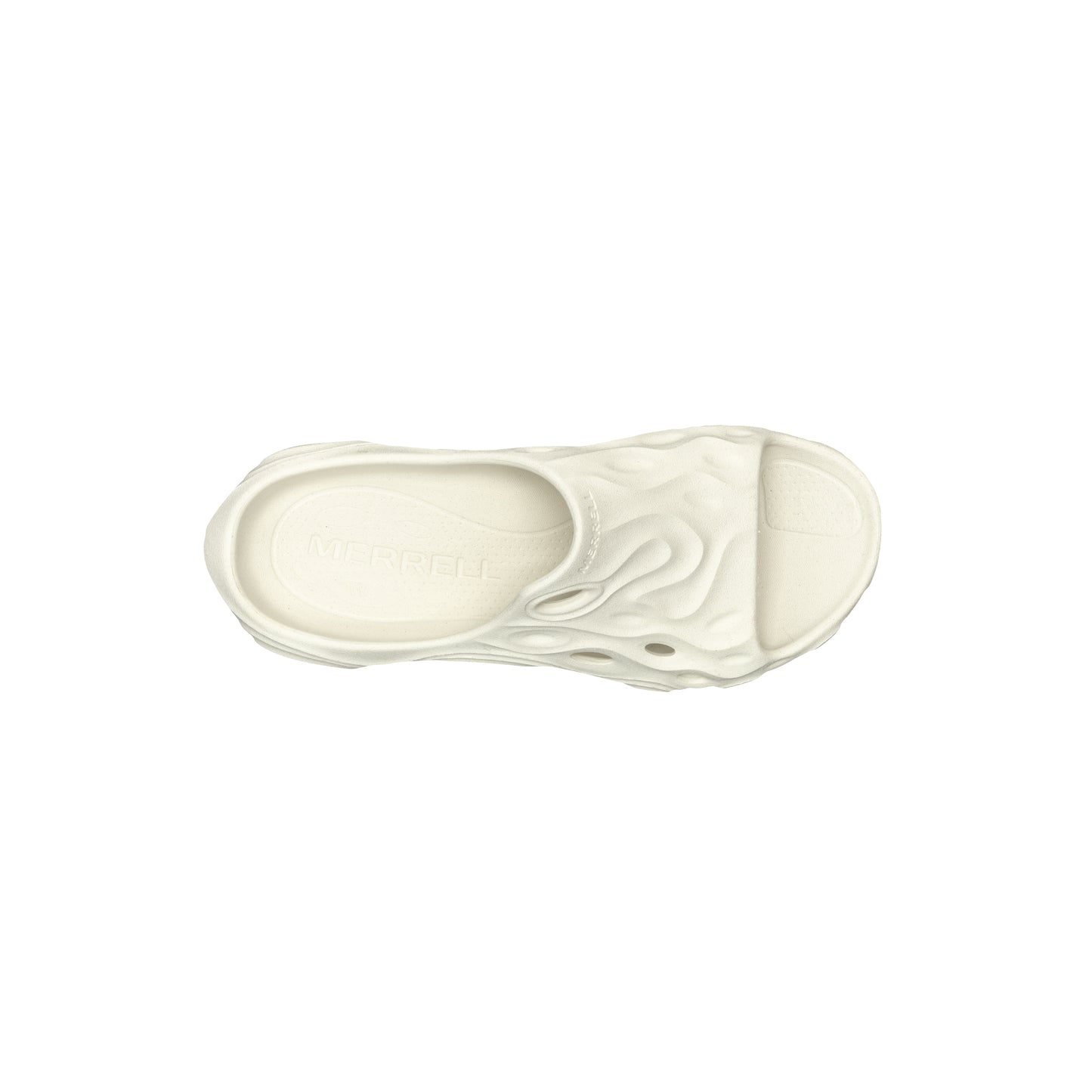 Top-down view of a light cream-colored, sculpted slip-on sandal.