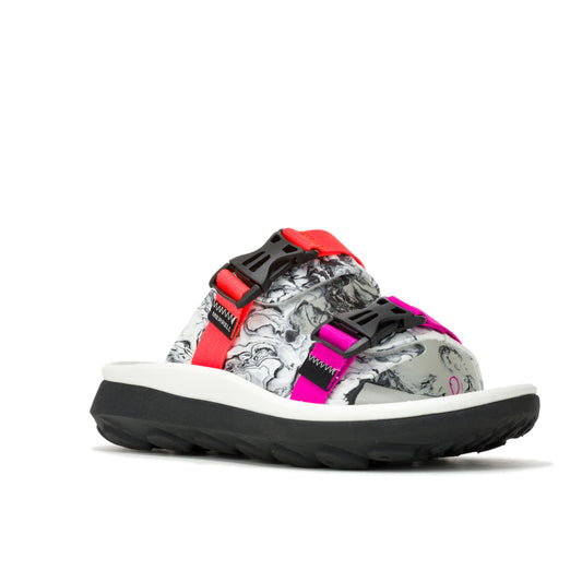Slide sandal with marble-like patterned upper, adjustable straps in red, pink, and black, white midsole, and black outsole.