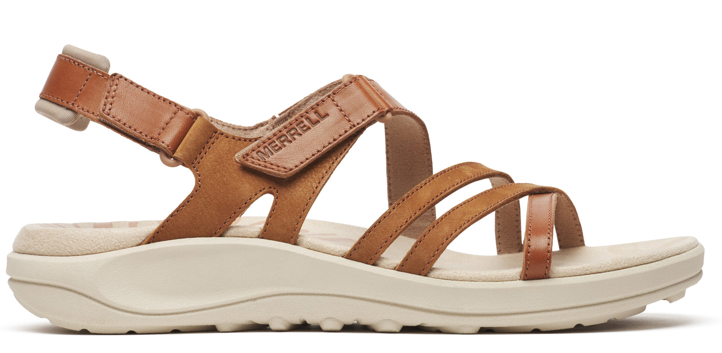 A pair of brown leather sandals with three straps.