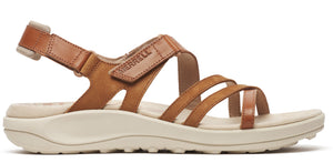 A pair of brown leather sandals with three straps.