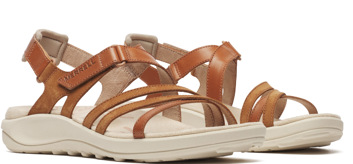 Pair of tan strappy sandals with adjustable straps.