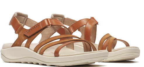 Pair of tan strappy sandals with adjustable straps.