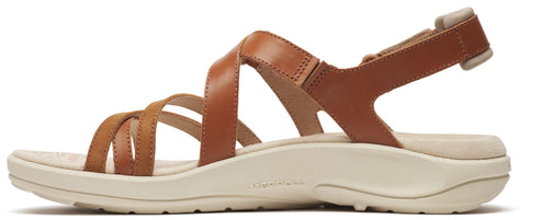 Tan sandal with multiple straps and a white sole.