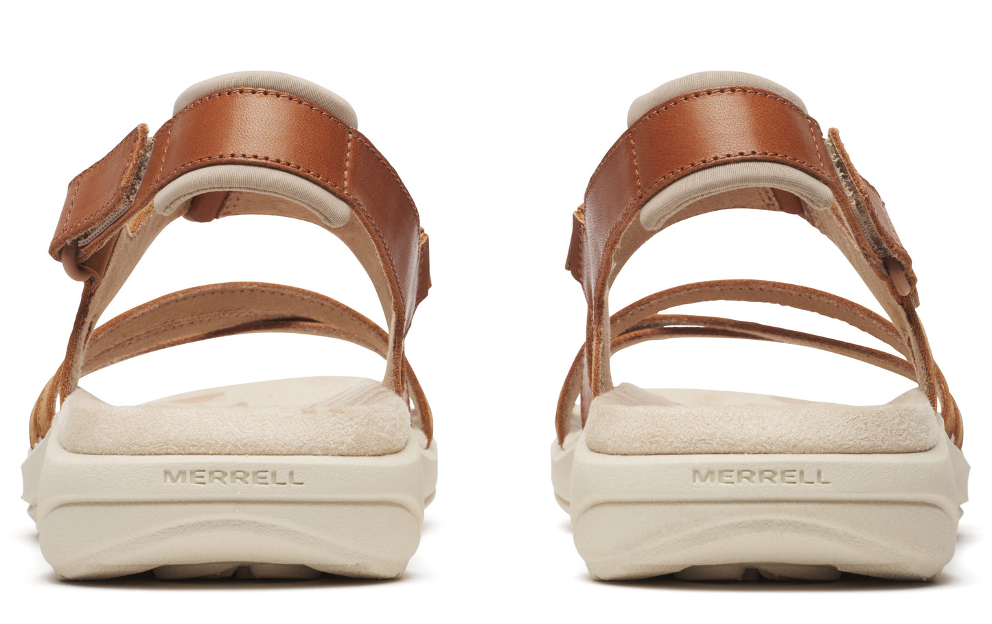 Pair of sandals with beige footbed, leather straps and the text MERRELL.