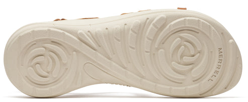 Close-up of the sole of a sandal, revealing a complex swirling tread pattern and the 'MERRELL' brand name embossed on the side.