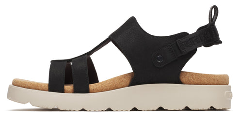 Black sandal with multiple straps and beige sole.