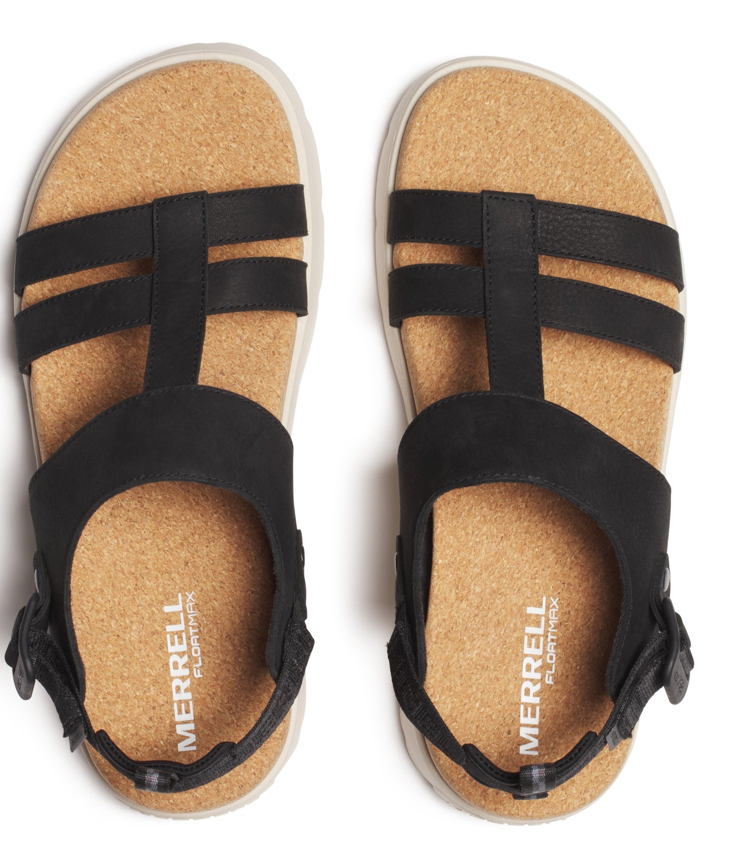 Overhead shot of two black sandals with three horizontal straps over the toes, a large circular strap around the heel, and a cork footbed with the word "MERRELL FLOAT-MAX" printed in white.