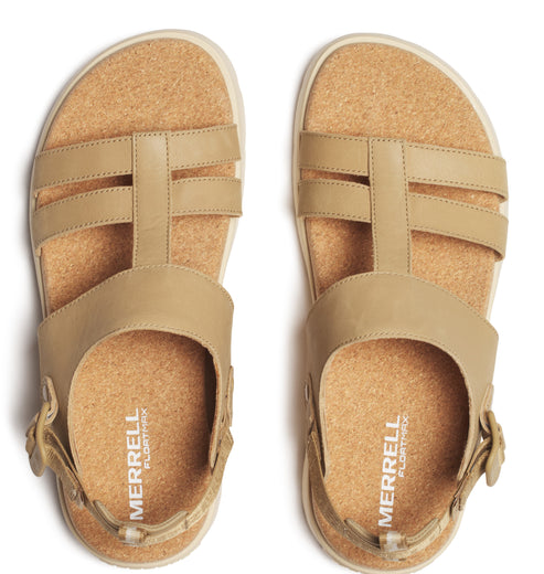 Pair of tan sandals with T-strap and adjustable ankle strap, cork footbed with 'MERRELL FLOATMAX' inscription.