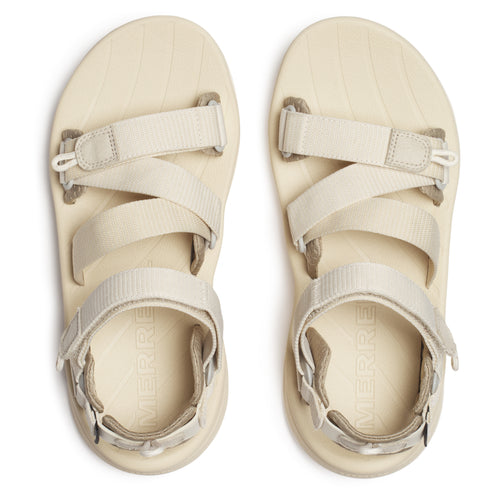 Overhead view of two cream-colored sandals with multiple adjustable straps.