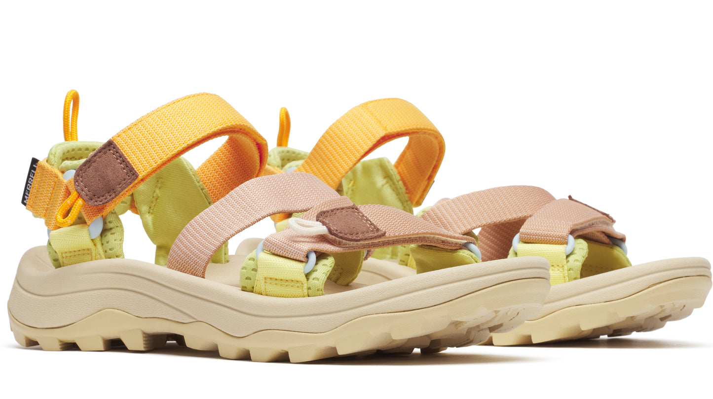 Pair of strappy sport sandals with velcro closures and thick wavy soles in yellow, orange, and peach.