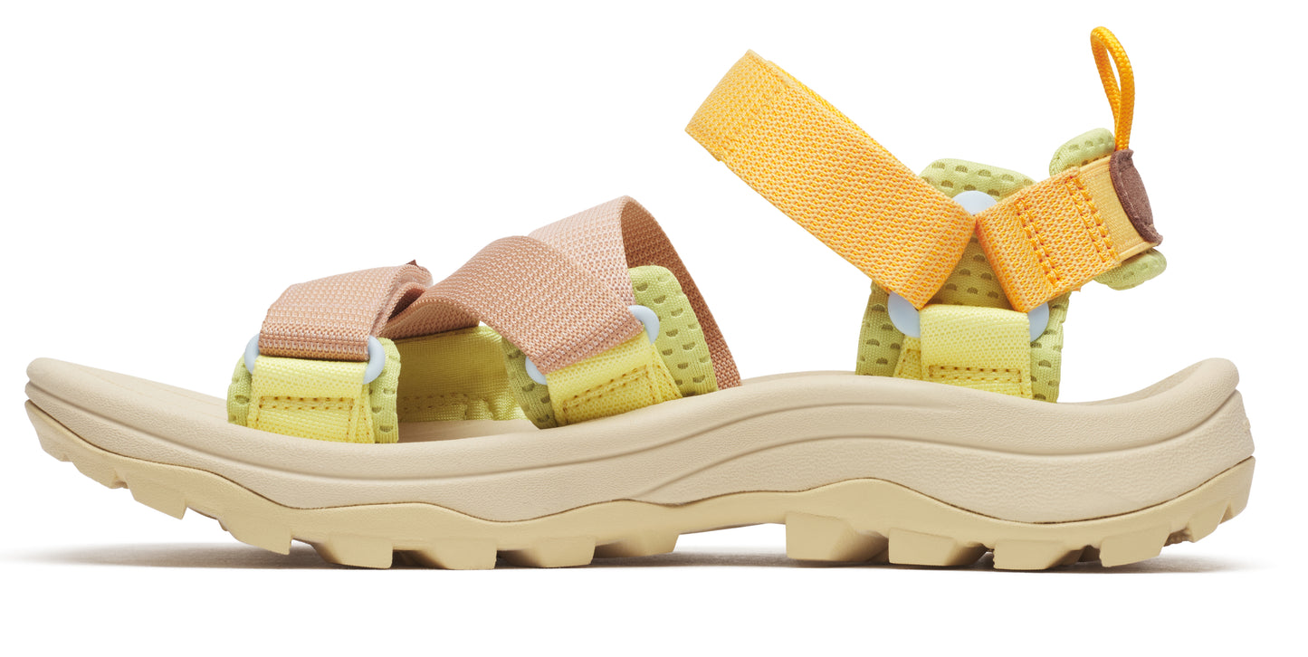 Sandals with beige ridged soles, light yellow footbed, light yellow and beige straps, and yellow heel pull tab.
