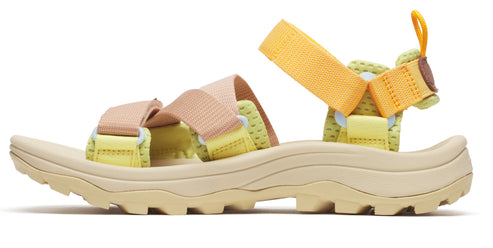 Sandals with beige ridged soles, light yellow footbed, light yellow and beige straps, and yellow heel pull tab.