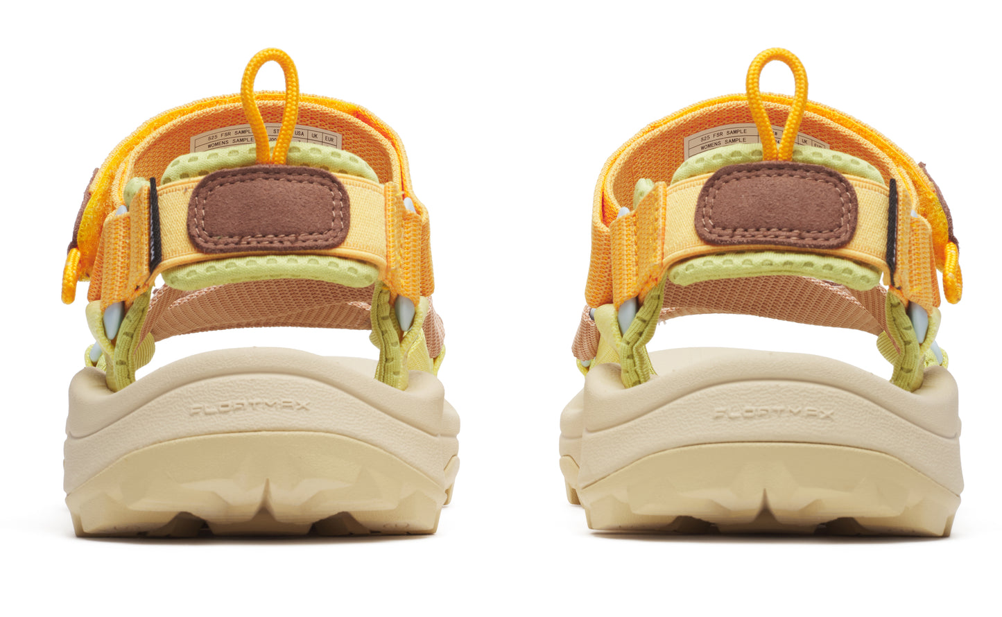 Rear view of two yellow adjustable sandals with beige soles and 'FLOATMAX' text.