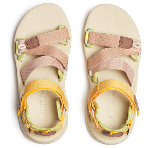 A pair of sandals, each with tan soles and peach, light peach, and yellow fabric straps.