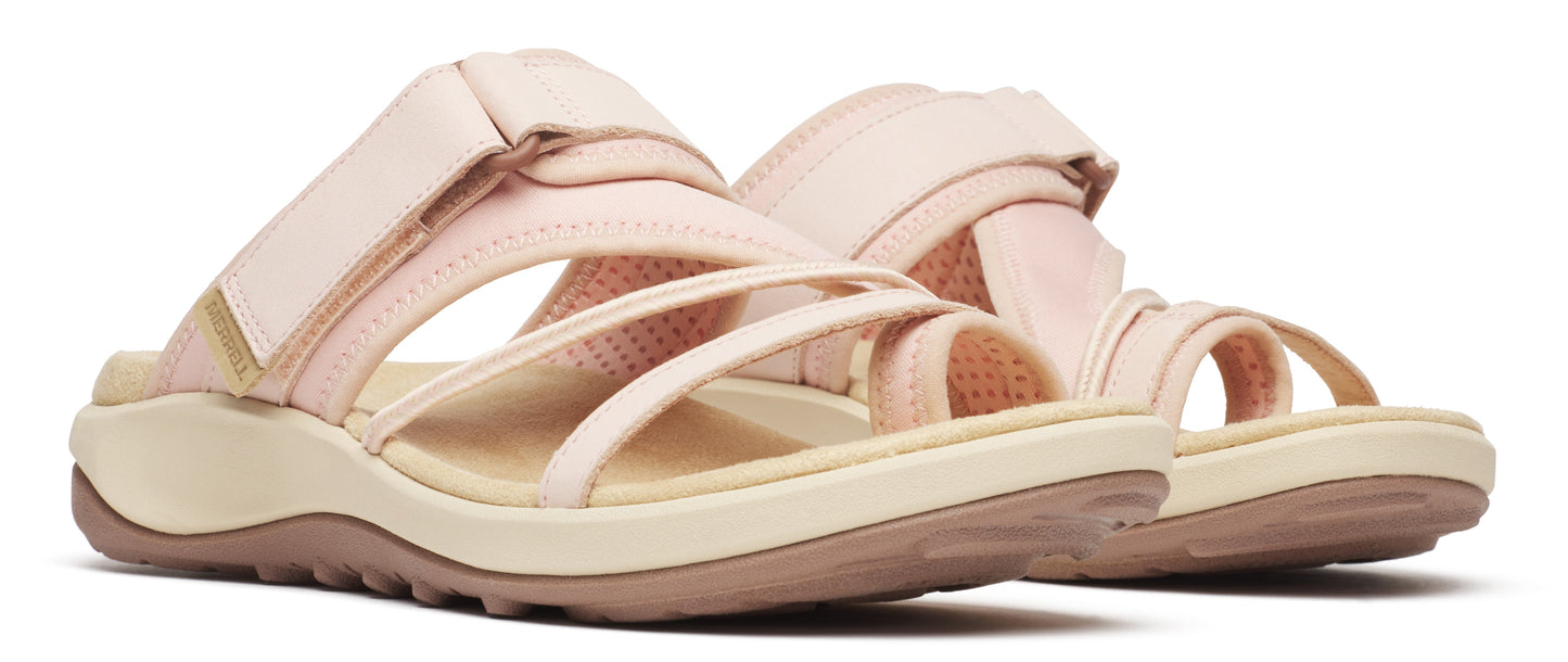 Pair of light pink sandals with multiple straps and a thick sole.