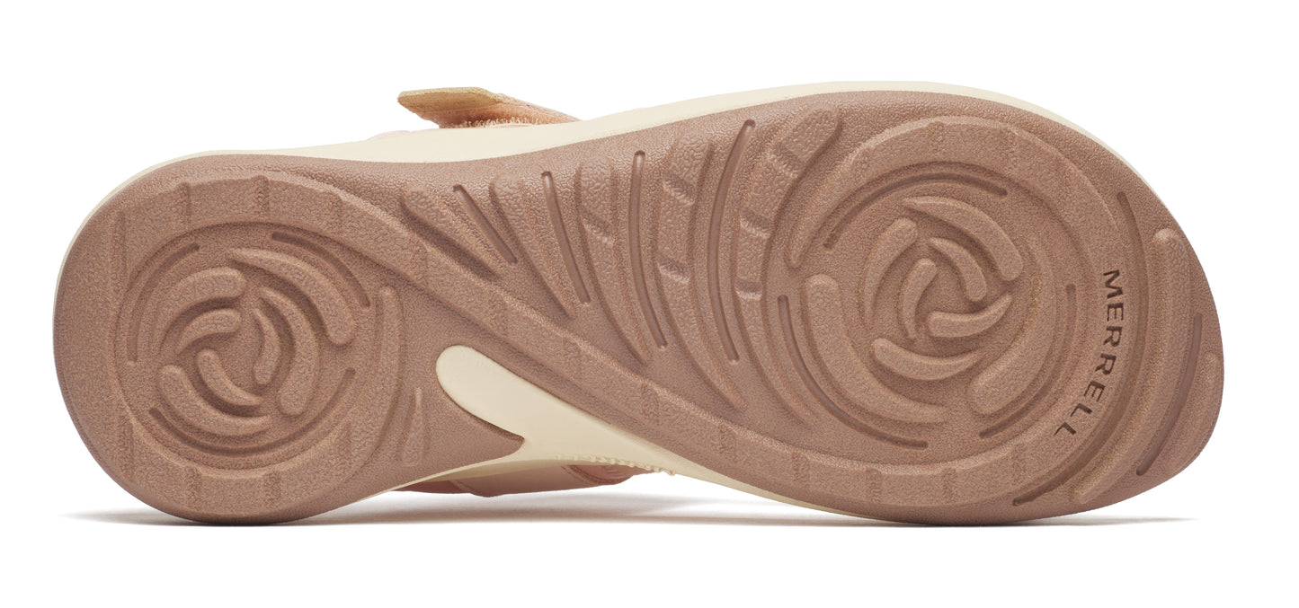 The sole of a footwear, patterned with swirl designs and the word MERRELL.