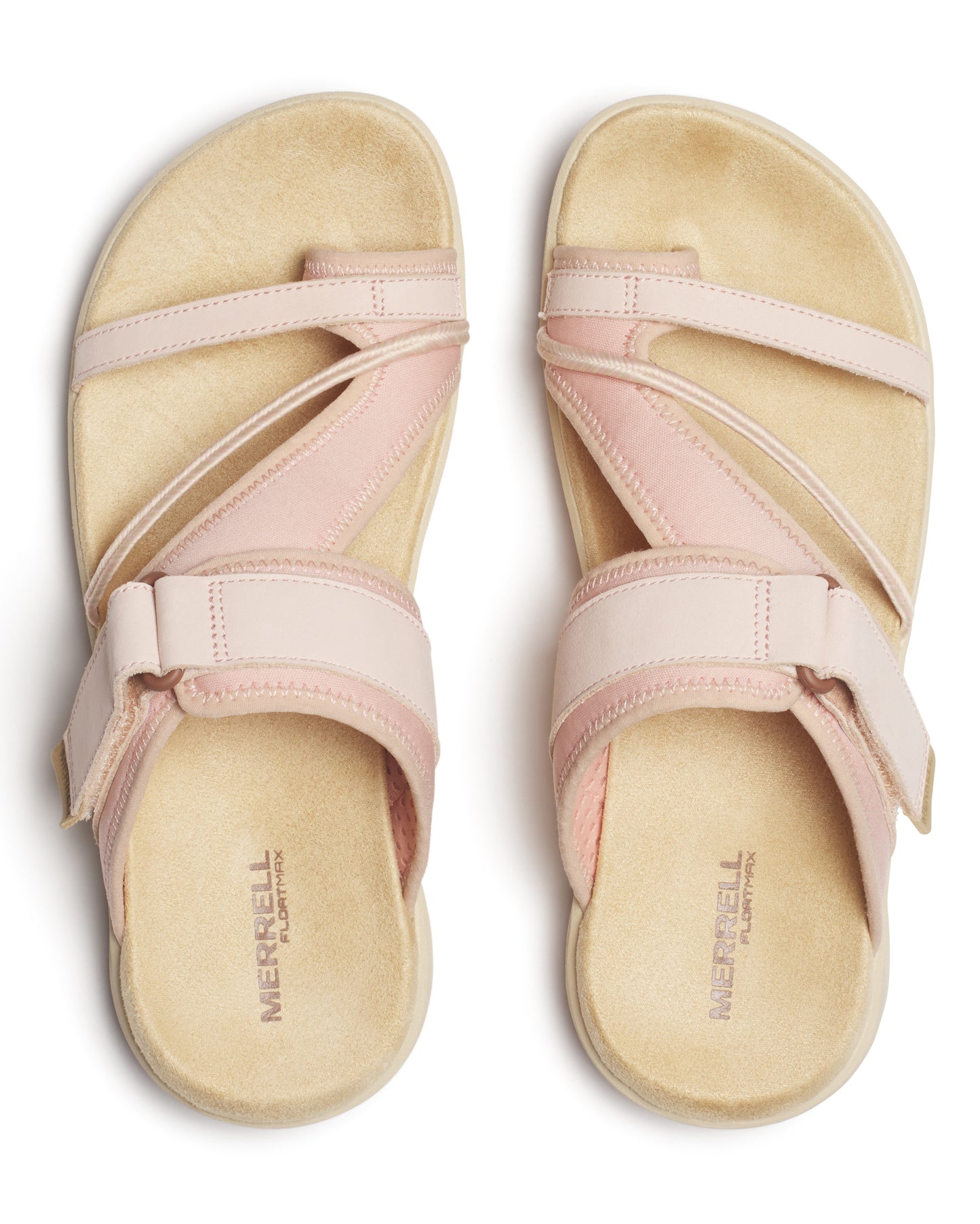 Pair of pink sandals with toe loop, adjustable strap, and visible "MERRELL" text on the footbed.