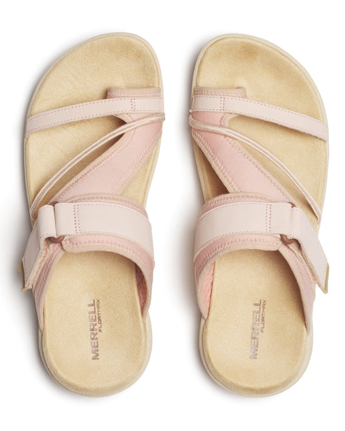 Pair of pink sandals with toe loop, adjustable strap, and visible "MERRELL" text on the footbed.