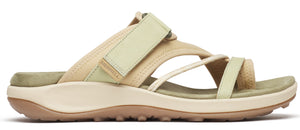 A sandal with toe loops and an ankle strap.