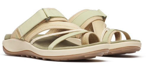 pair of light colored sandals with several straps