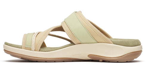 A slip-on sandal with tan, green and beige straps and sole.