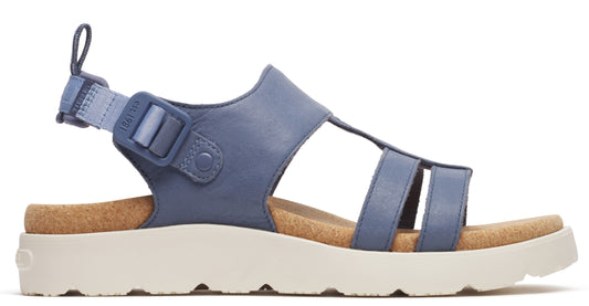 A blue leather sandal with multiple straps, light cork footbed and thick, white rubber sole.