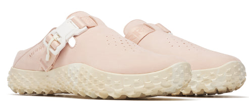 A pair of pink shoes with thick, textured soles and an adjustable strap.