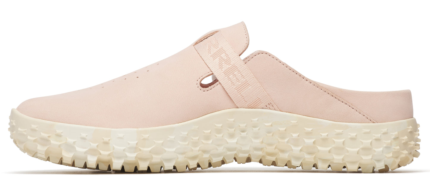 A slip-on shoe with a thick, textured sole and a strap with visible text.