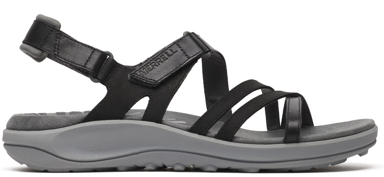 A black sandal with multiple straps.