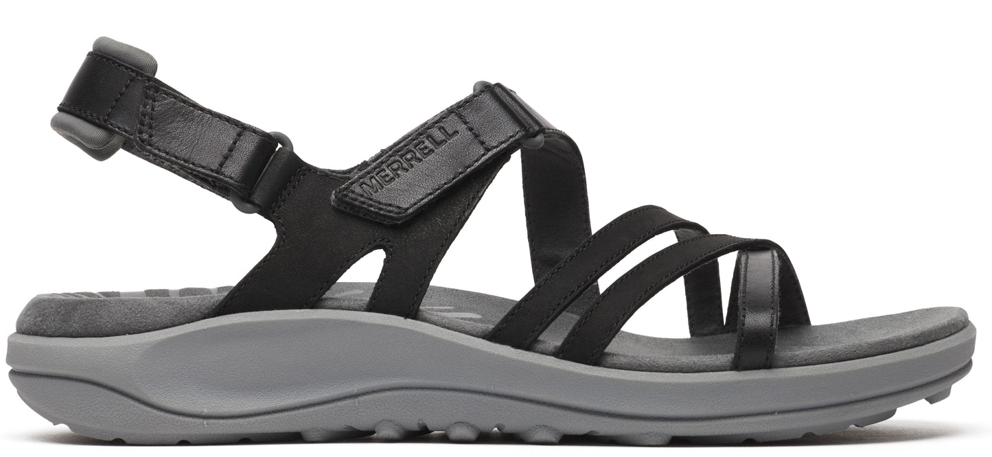 A black sandal with multiple straps.