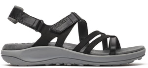 A black sandal with multiple straps.
