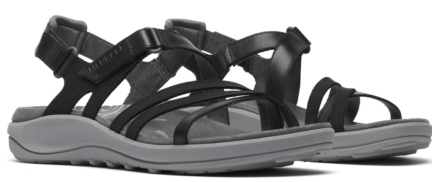 A pair of strappy black sandals with gray soles.