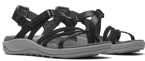 A pair of strappy black sandals with gray soles.